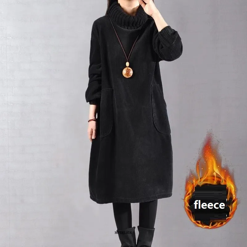 Plus Size 6XL 150KG Women Corduory Dress Winter FleeceThick Dress Women Lady Vestidos Long Sleeve Turleneck Warm Long Dress