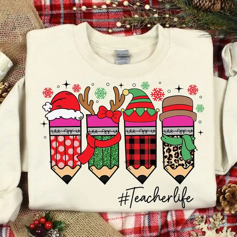 Cute Cotton Christmas Pencil Women Sweatshirt 2023 New Voguish Teacher Life Christmas Femmale Sweater School Party Girl Shirt