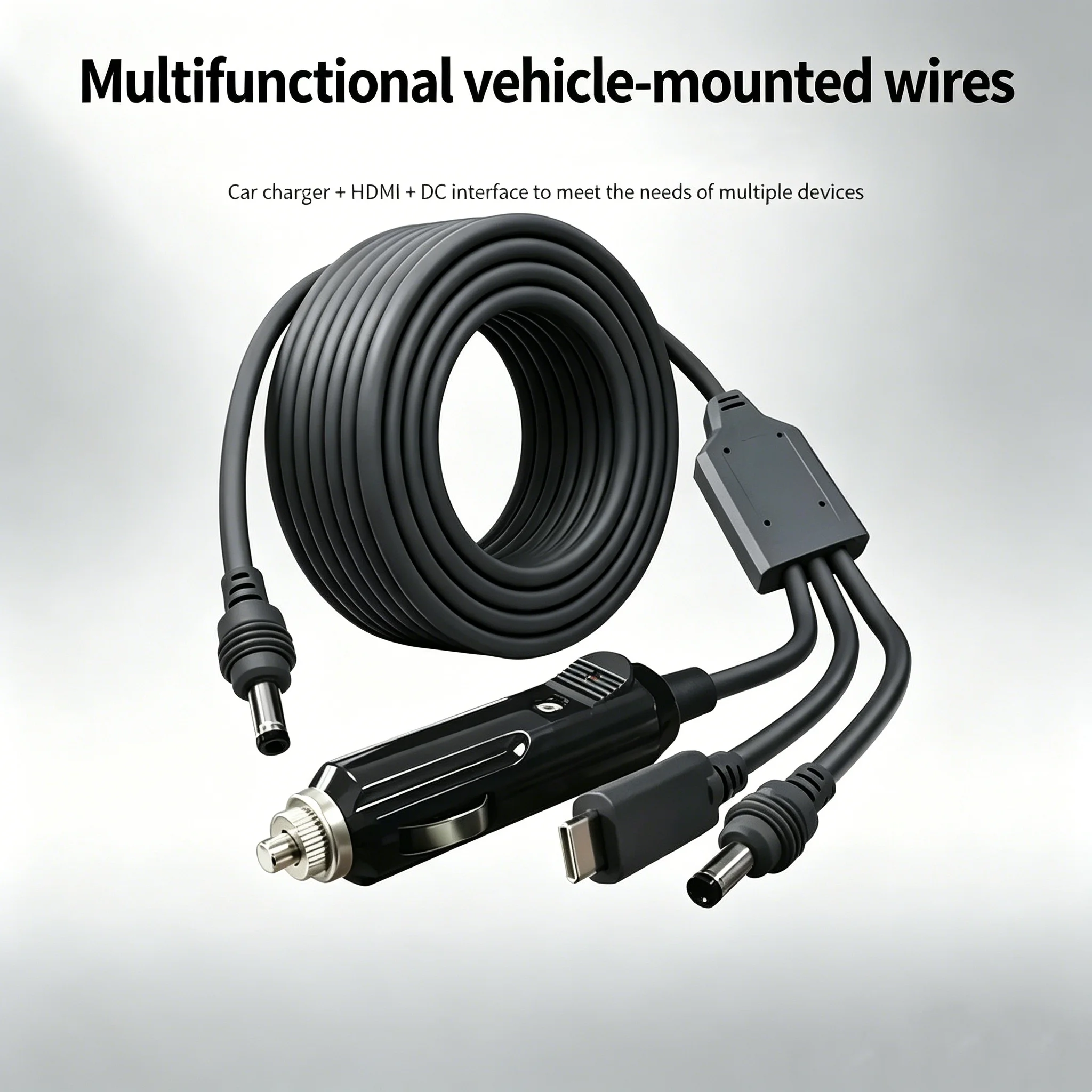 

Car Charger Cable 3-in-1, 12V Cigarette Lighter Power Cord with HDMI/DC Connector for Dash Cam, Monitor, and Electronics
