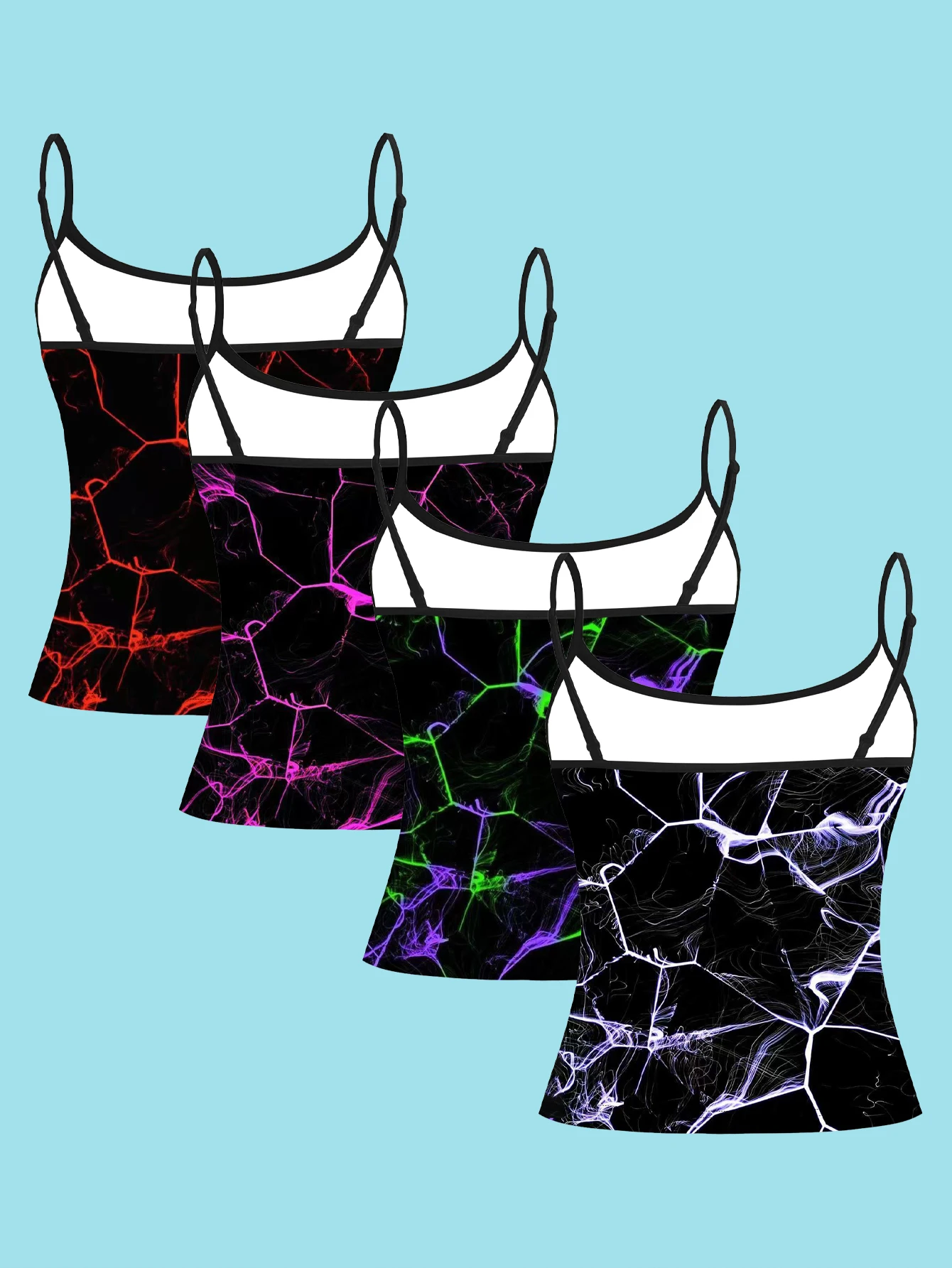 4-Piece Set of Colorful Lightning Crackle Fluid Print Camisoles, Black Base with Neon Color Lines, Women's Slim-Fit Spaghetti Strap Sleeveless Tops for Outerwear or Layering