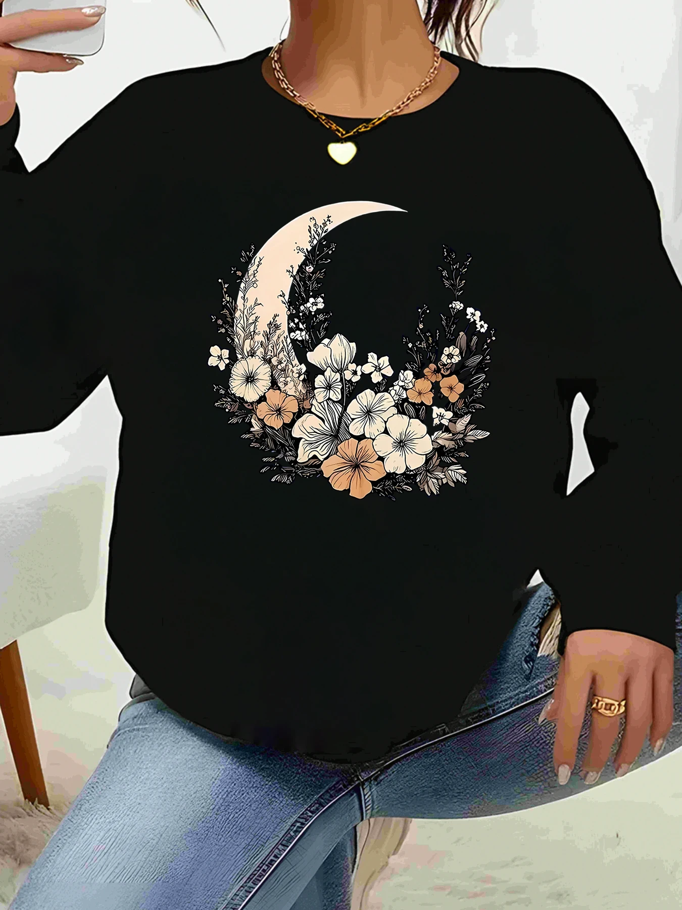 

Топ с длинными рукавами и цветочным принтом Луны, женская повседневная одежда на Хэллоуин