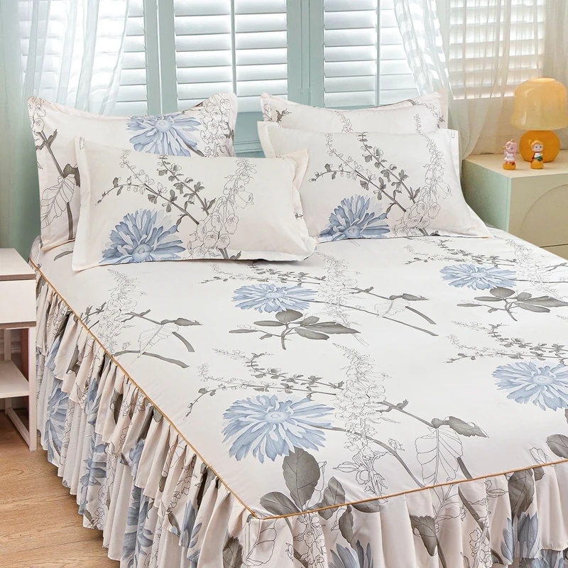 3pcs Plants Florals Bed Skirt Set Light Color Series Bed Cover for Girls Kids Bedroom Decoration Double Queen Bedding Bedspread