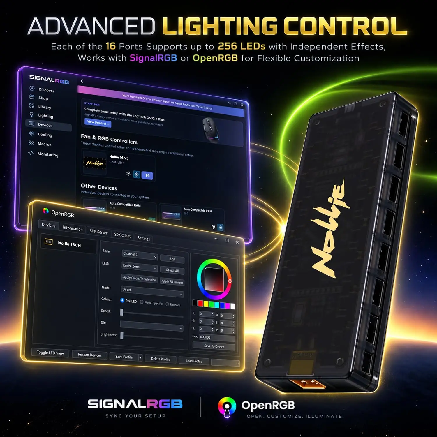 Nollie 16 Ports ARGB Fan Hub, 5V 3Pin ARGB Controller with Dual Molex Power, Compatible with SignalRGB & OpenRGB