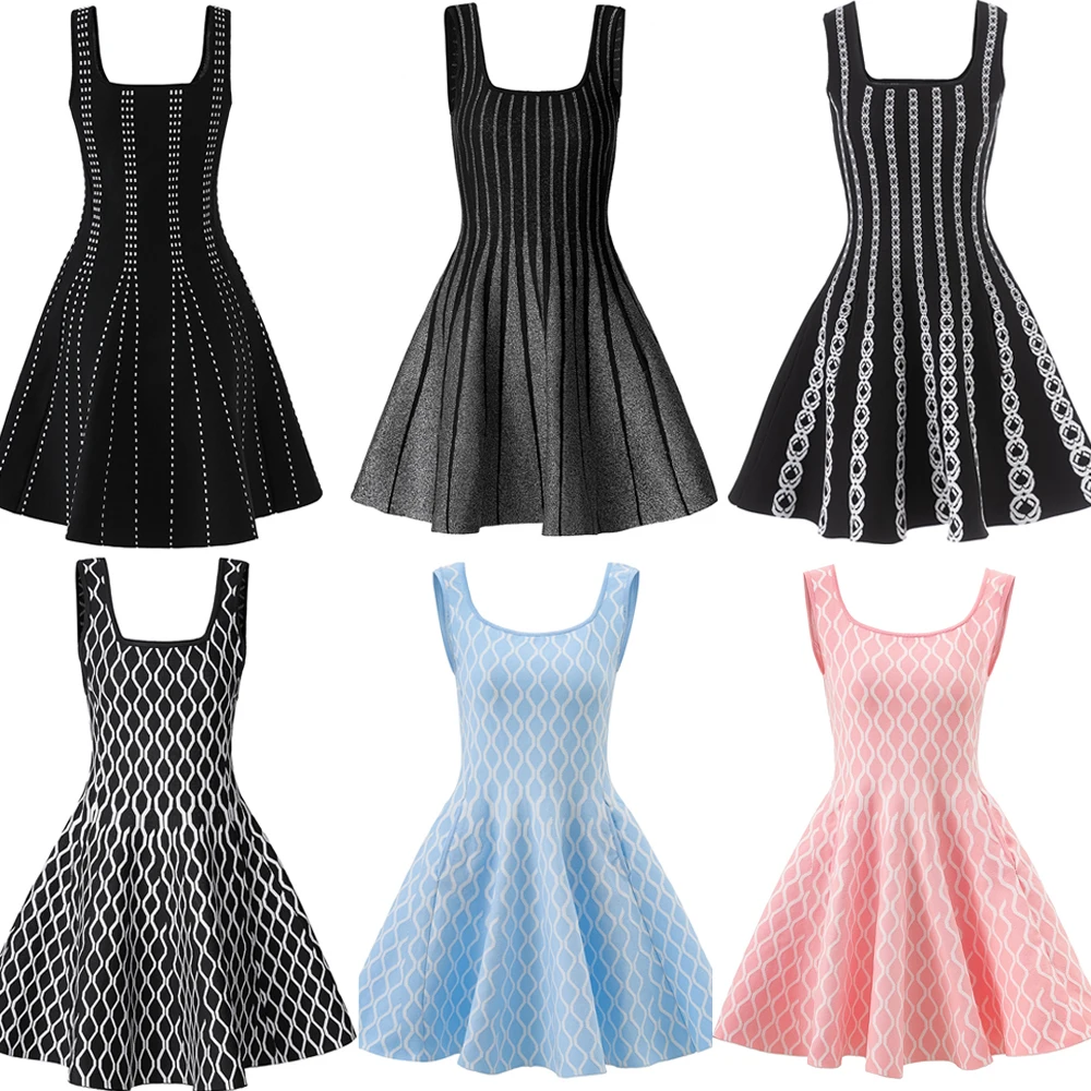 

2025 Новая французская элегантная утягивающая юбка с высокой талией и большими качелями, черно-белое трикотажное платье с контрастным квадратным воротником на бретелях