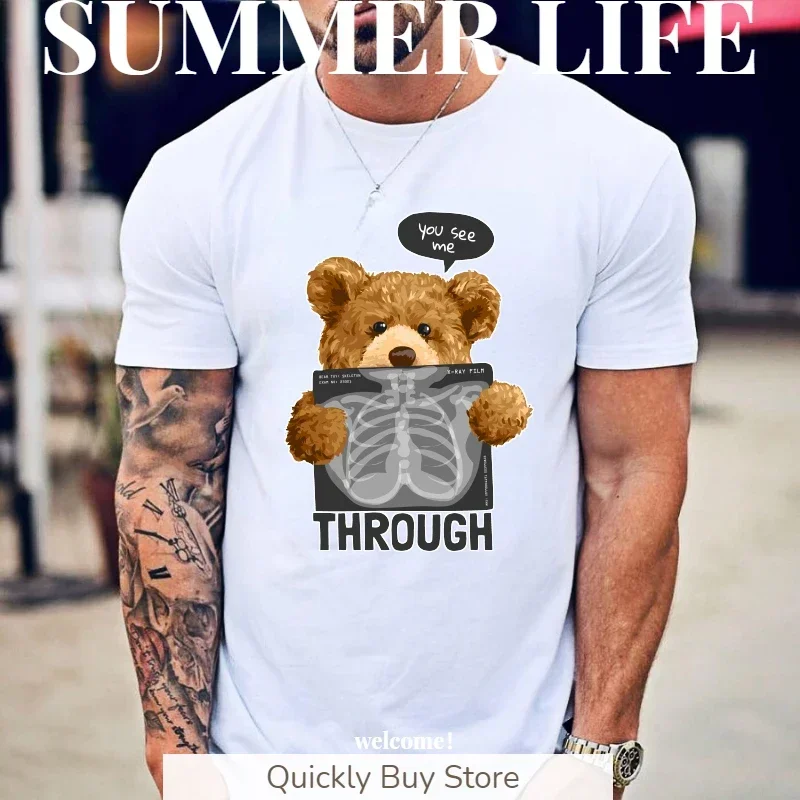 Funny Through my heart Teddy Bear Harajuku Fashion Men's Short Sleeve T-shirt Kawaii Clothes Y2k Fashion Shirts Printed Tops