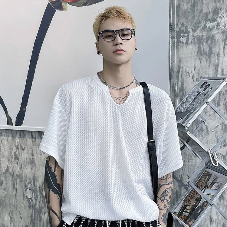 

Men's Trendy Short Sleeve T-Shirt Summer Loose Fit Breathable Mesh Top with Unique Collar