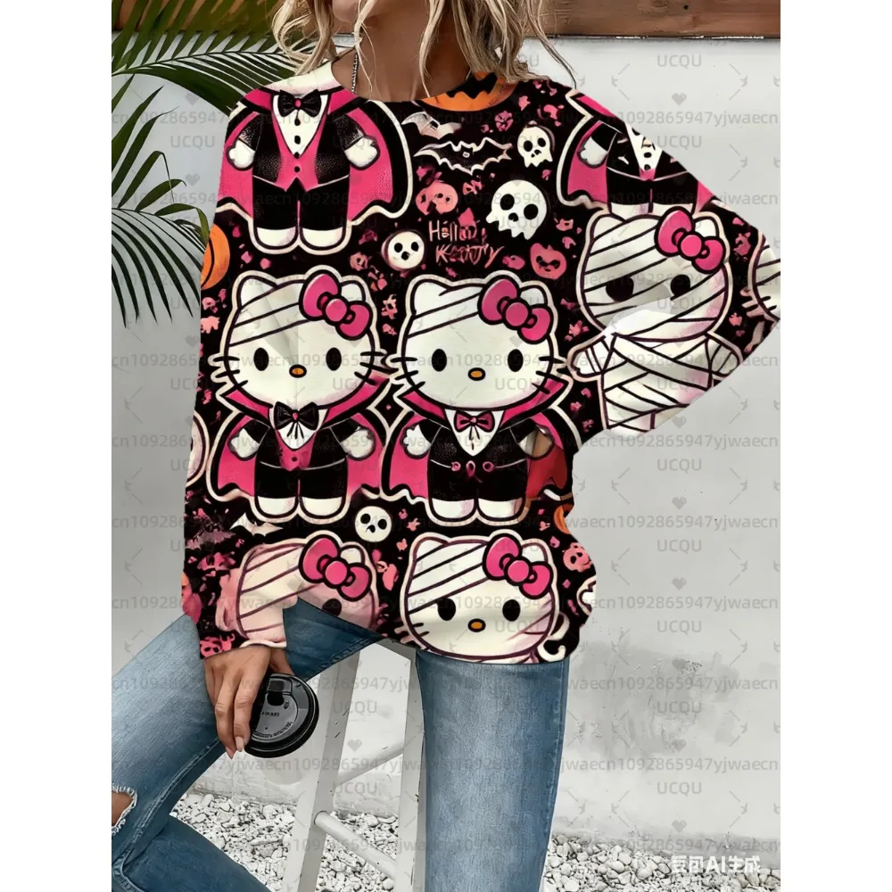Women's Halloween Hello Kitty Racing Graphic Sweatshirt Black Casual Pullover Fall/Winter Outdoor Activities Men's Sweatshirt