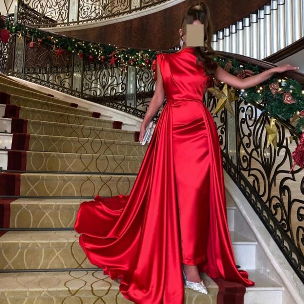 

Customized Simple Boat neck Pleat Satin Red Sleeveless Evening Dress Watteau Train Straight Ankle Length Party Gown فساتين سهرة