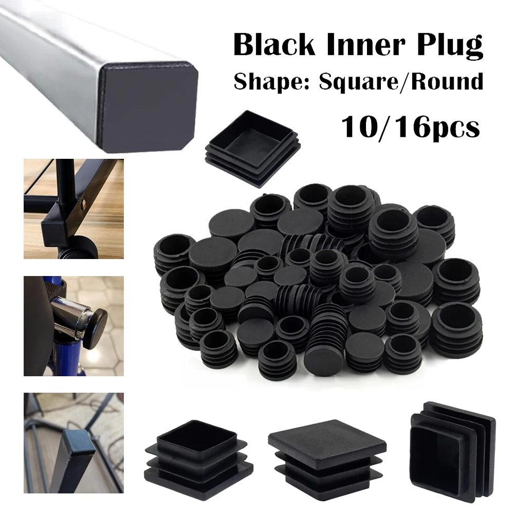 10/16pcs Square/Round Black Plastic Push Fit End Caps,Inner Plug Seal for Pipe Furniture, Waterproof Dust Proof Protection Cover
