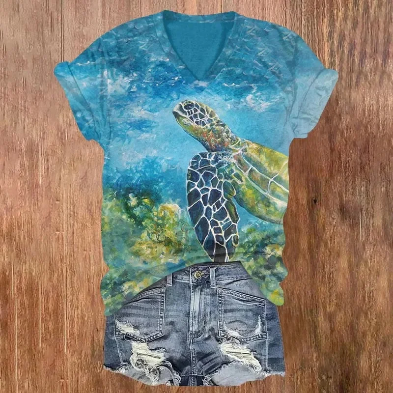 Women's V-neck T-shirt Vintage Oil Painting Ethnic Style Turtle Art Print Casual T Shirts Summer Tops