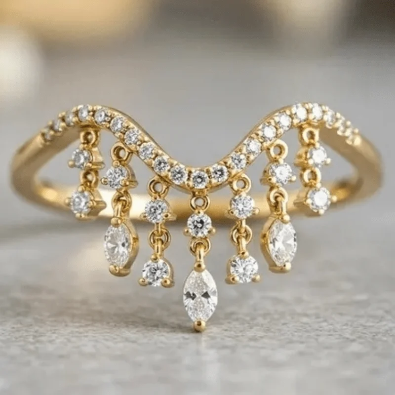 Ladies' Luxury Tassel Crown Golden Plated Ring Inlay Cubic Zircon Sparkling Dynamic Ring Banquet Wedding Party Jewelry