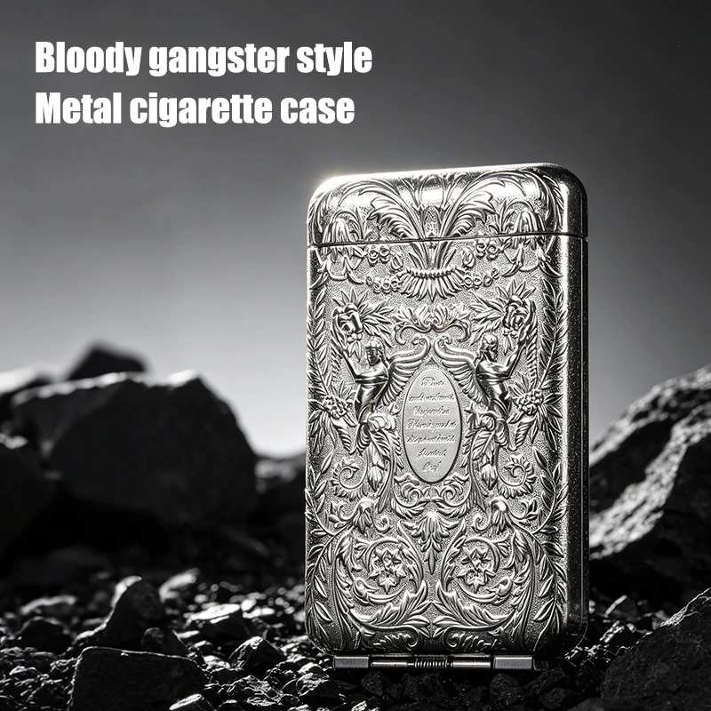 Retro Silver Cigarette Case, Vintage Angel Relief Embossed Metal Cigarette Holder, Portable Pocket Storage Box for Men Gift
