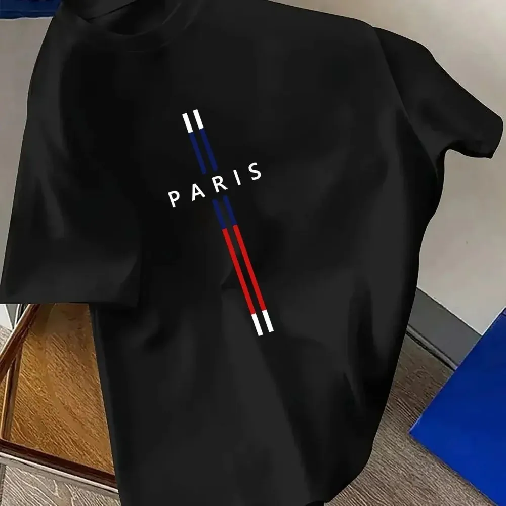 Summer men's breathable and comfortable round neck T-shirt new Paris letter printed pattern outdoor casual sports top