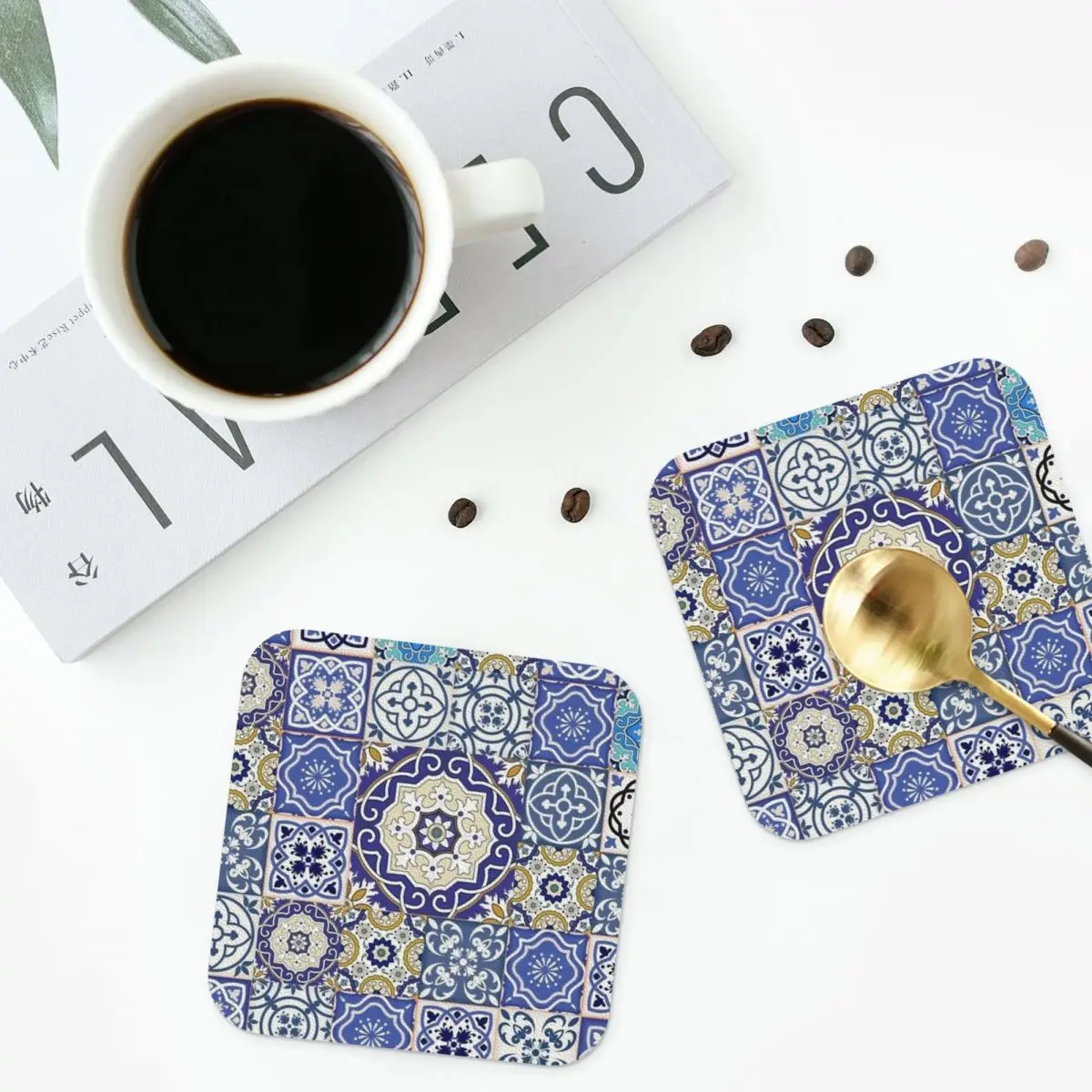 Blue Moroccan Tile Pattern Coasters Leather Placemats Non-slip Insulation Coffee Mat for Decor Home Kitchen Dining Pads Set of 4