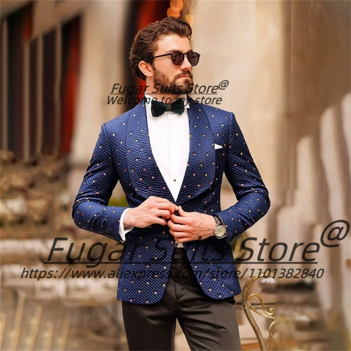 

New Fancy Rhinestone Suit Shawl Lapel Men Suits Customized Slim Fit Formal Groom Wedding Tuxedos 2Pieces Sets Male Prom Blazers