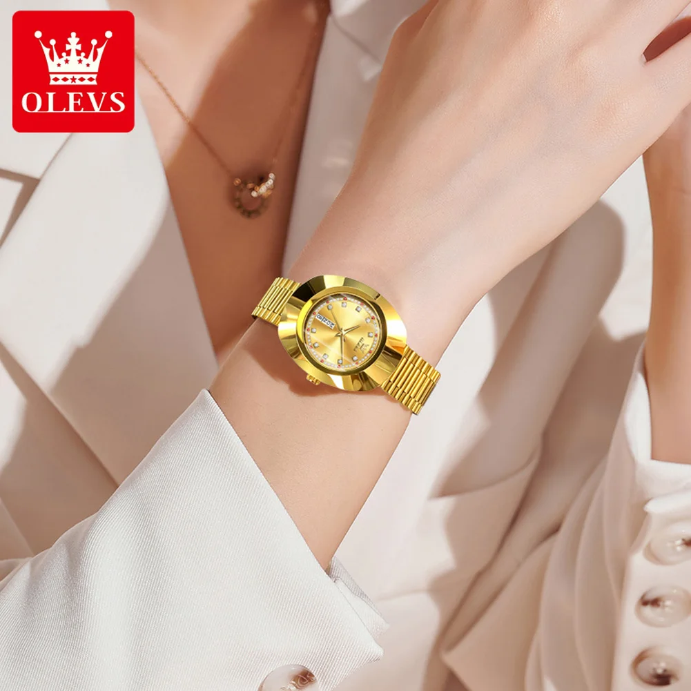 OLEVS New Luxury Golden Watch for Women Tungsten Steel Case Waterproof Wristwatch Diamond Scale Top Original Quartz Ladies Watch