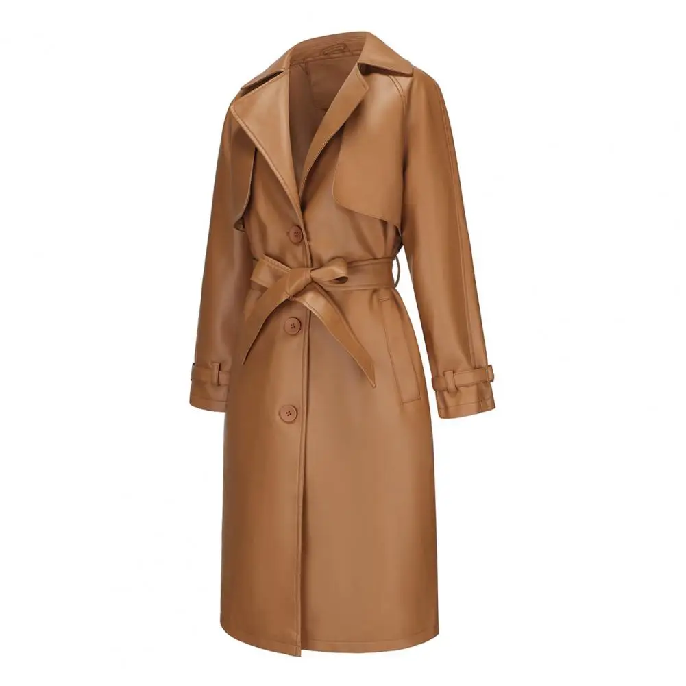 Giacca lunga invernale elegante cappotto in ecopelle con cintura allacciata per donna giacca antivento di media lunghezza con colletto rovesciato autunno