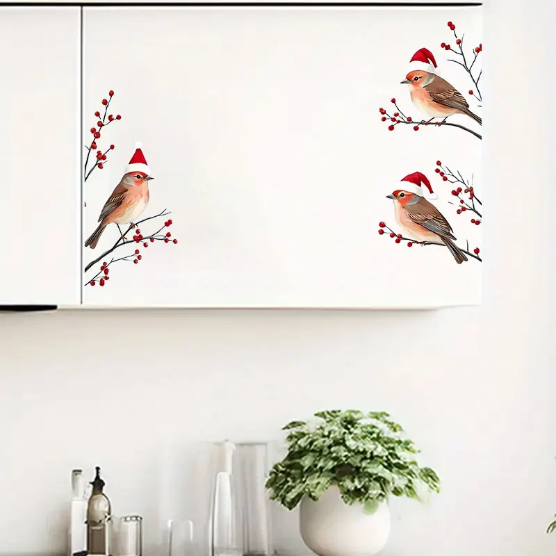 1 مجموعة عيد الميلاد فروع التوت الأحمر ثلاثة الطيور في سانتا القبعات ملصقات نافذة ذاتية اللصق جدار حفلة شارات الفينيل مهرجان ديكور