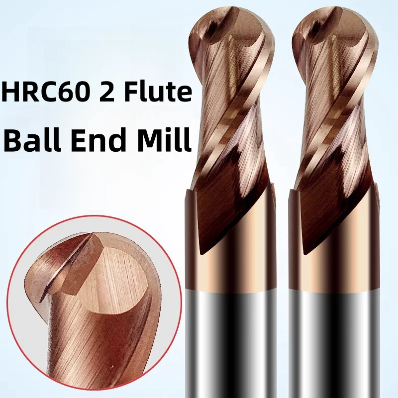 HRC60 Carbide Ball Nose End Mill 2 Flute Tungsten Steel Cutter CNC Machine Milling Tool R0.5 1 2 3 4 5 6 7 8 9 10mm Router Bits