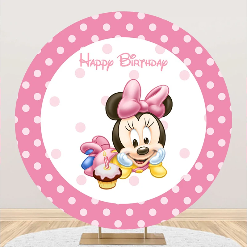 Baby Minnie Mouse Birthday Decorations Round Photo Backdrop Backgrounds For Photographs Baby Shower Girl Party Props Shooting