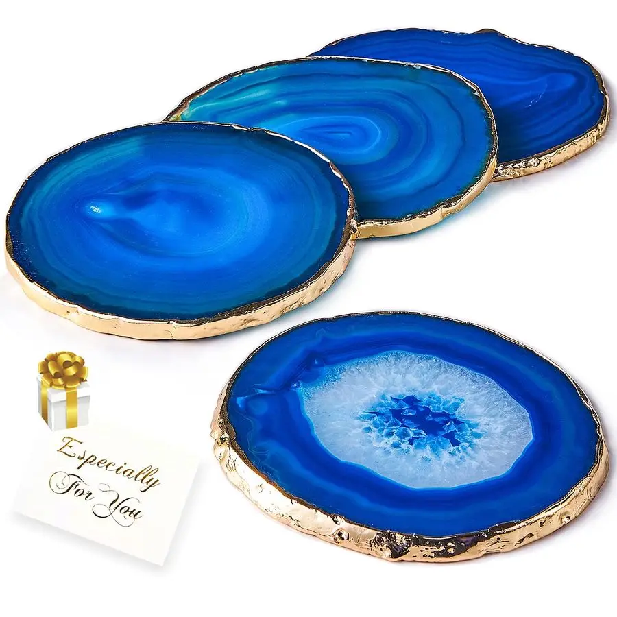

Agate Coasters Set of 4,Brazilian Geode Coasters for Drinks with Gold Rim43.5,Natural Gem Stone Coasters Blue,Gemstone Cup Mat f
