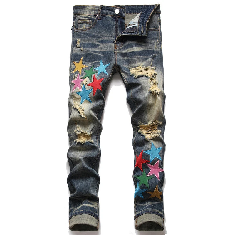 

Men's jeans ripped embroidery five-pointed star trend stretch slim-fit shorts all men's pants