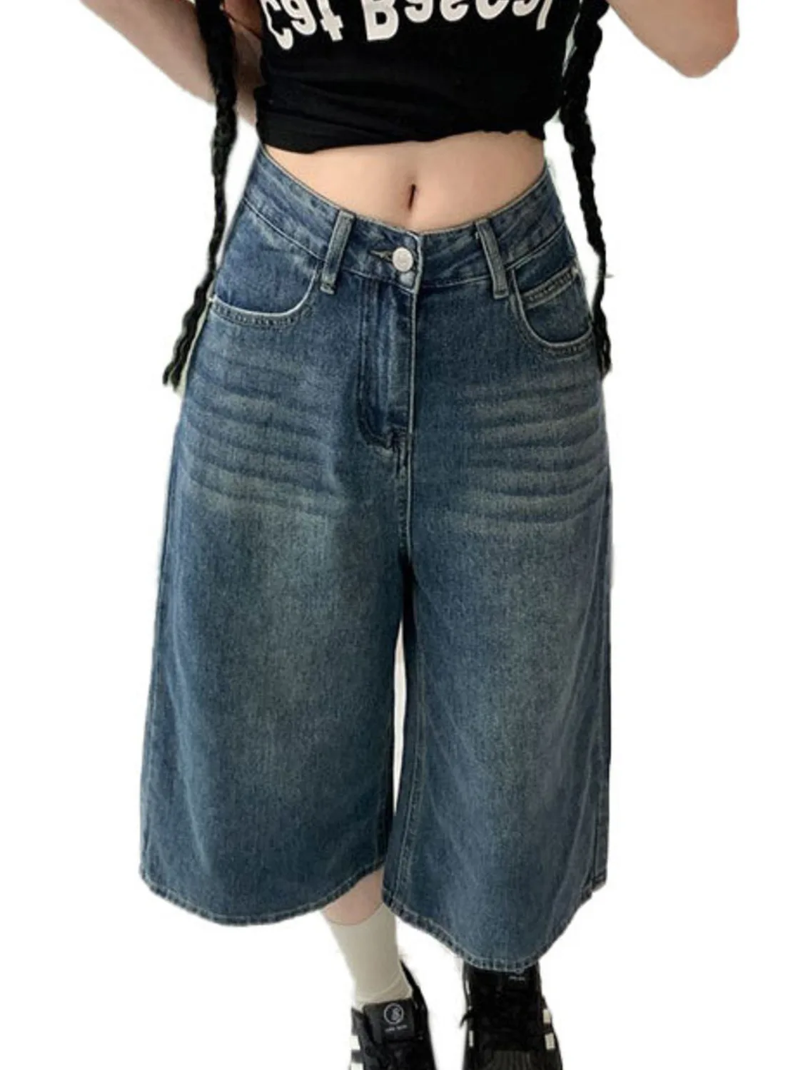 

Women Vintage Washed Wide Leg Cropped Jeans High Waist Baggy Denim Shorts Y2K Streetwear