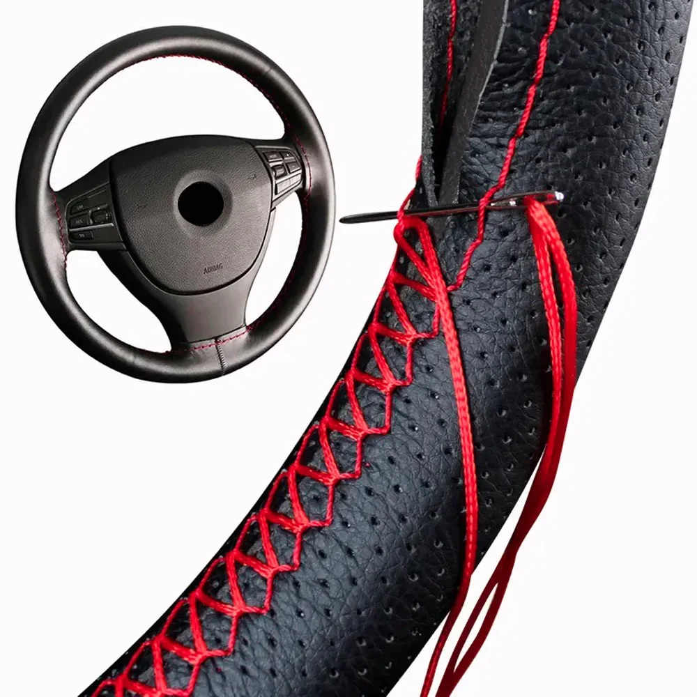 DIY PU Leather Steering Wheel Cover - Non-Slip Hand Stitched Cover with Needles & Thread, 4 Colors Soft Grip for Auto/Car