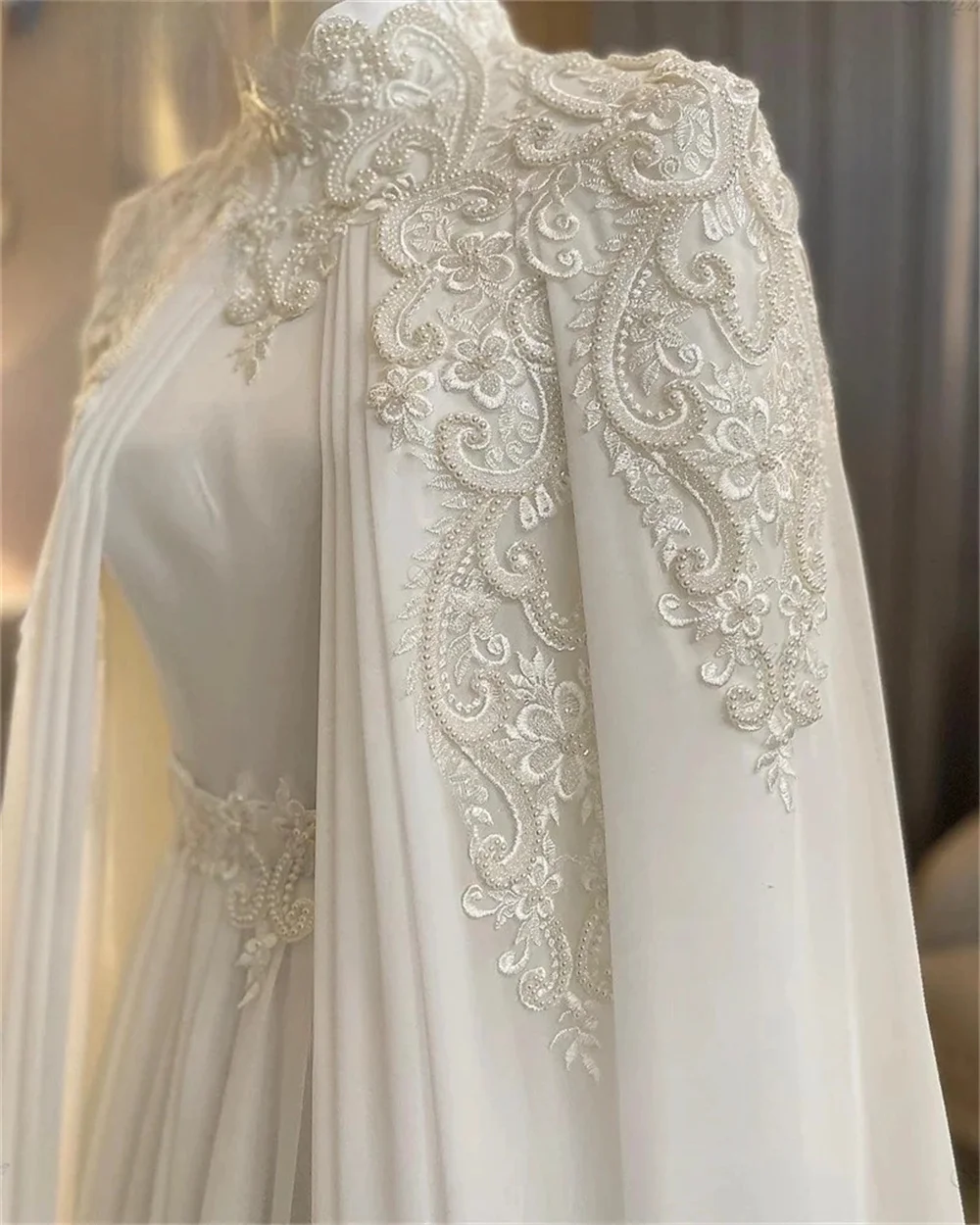 Bella Luxury White Long Sleeve Wedding Dress Chiffon A-line Customized vestidos de fiesta Pearl Detachable Shawl فساتين سهرة