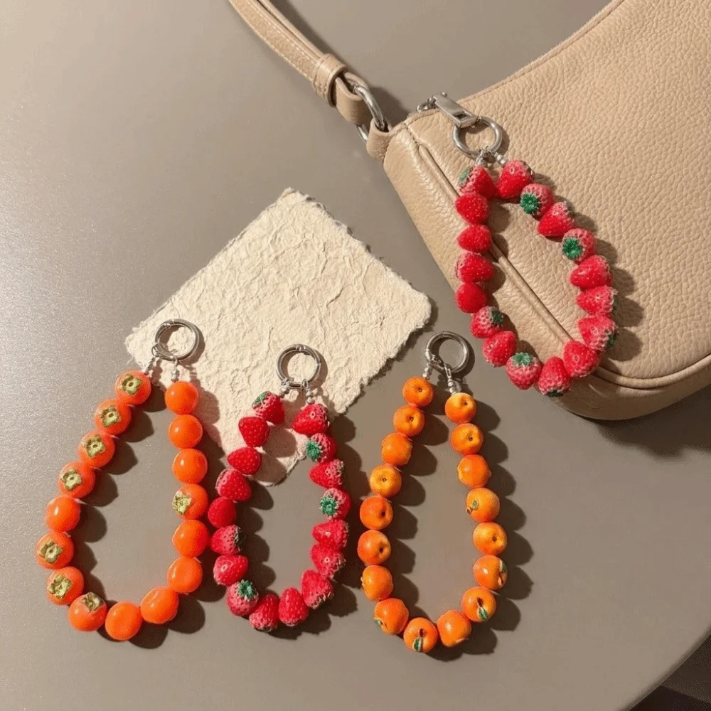 New Exquisite Fruit Beads Keychain Strawberry Blueberry Bag Charm Portable Cute Mobile Phone Chain Party