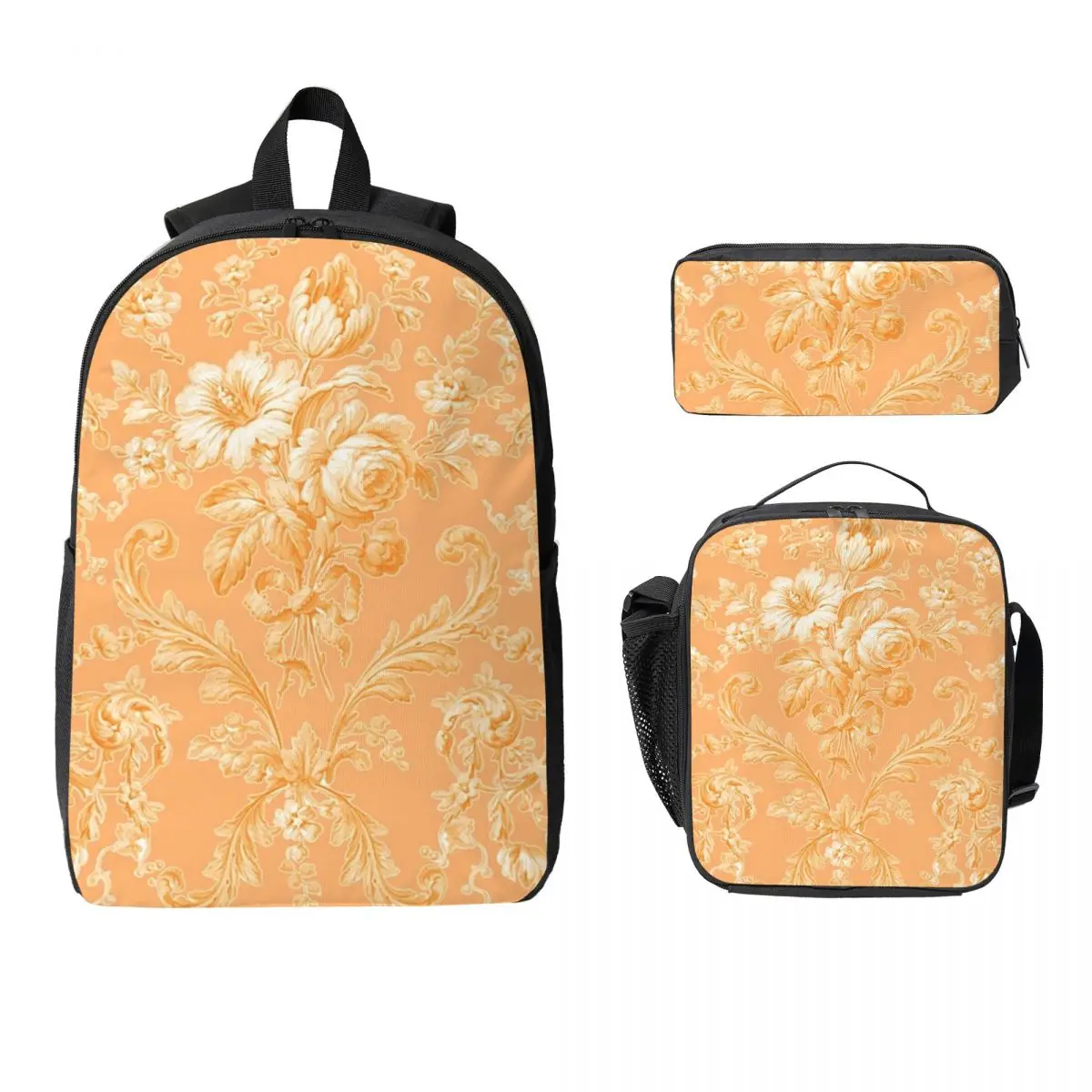 

French Rococo Faded Roses Citrus Backpack Student BookBag School Bag Laptop Shoulder Bags 3ps Insulated Lunch Bag Pencil Case