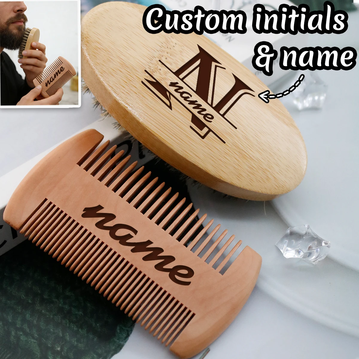 Personalisiertes Bartbürsten- und Kamm-Set aus Holz für Männer, mit individuellem Namen.