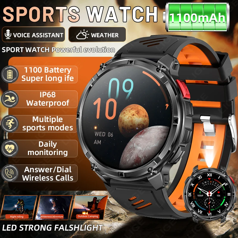 LIGE 2026 جديد 1100mAh بطارية كبيرة الرياضة المقتفي الساعات الذكية الرجال مصباح ليد جيب البوصلة بلوتوث دعوة مقاوم للماء Smartwatch