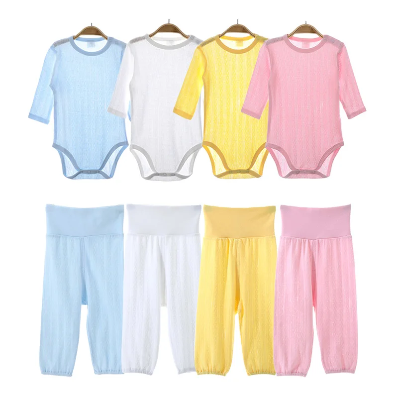 Baby Clothes Set Boy Girl Cotton Rompers Bodysuits+Pants Cool Summer Thin Mesh Pajamas 2pcs Long Sleeve Sleep Suits Roupas de be