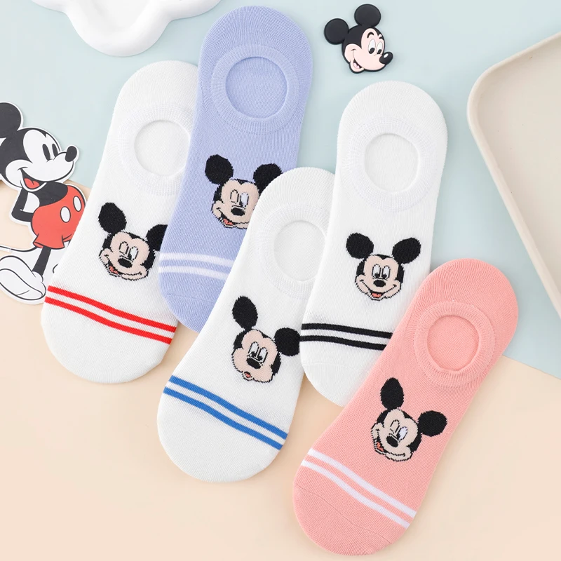 5 pares de calcetines tobilleros de Disney Mickey Mouse para mujer, calcetines invisibles antideslizantes ligeros de algodón con estampado de dibujos animados para verano