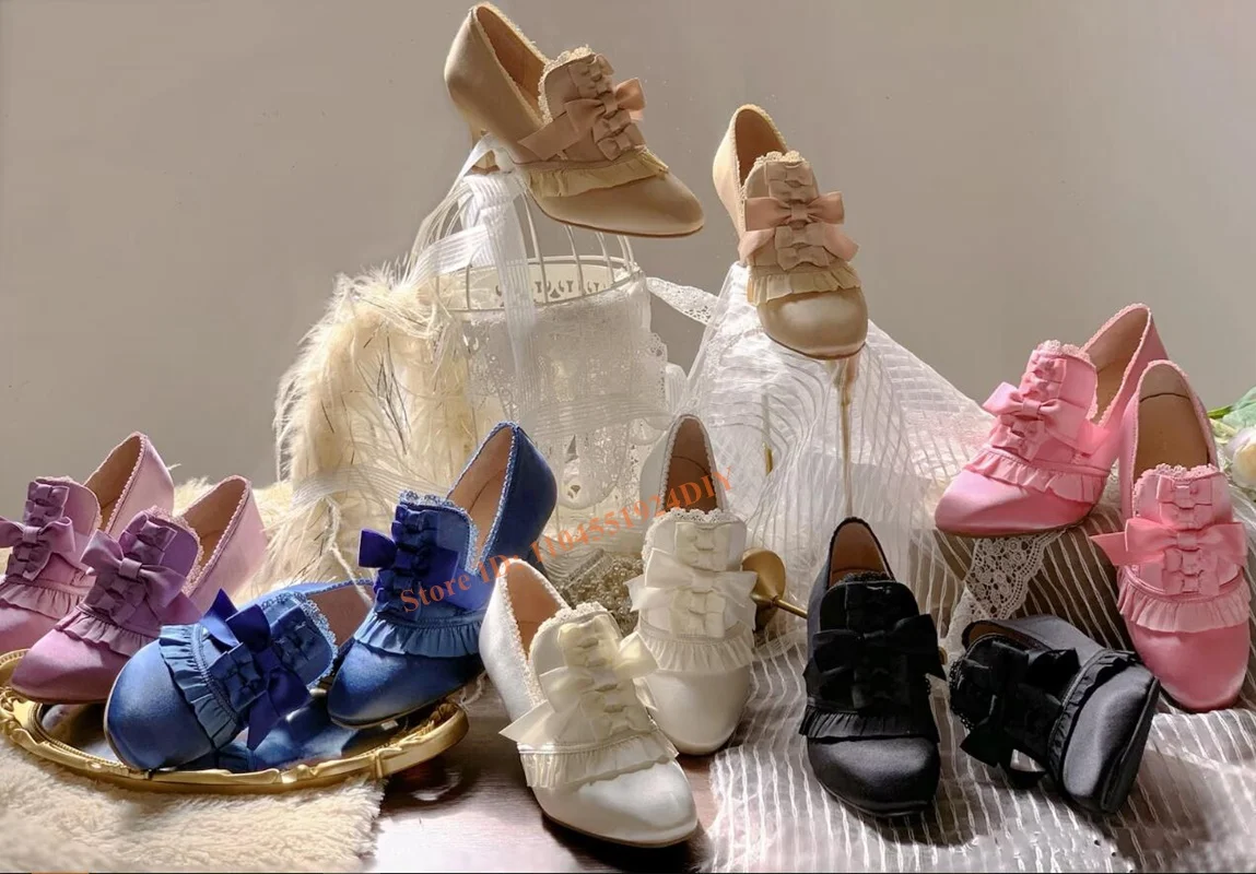 

Rococo High Heels Sweet Bowtie Knot Lace Pink Shoes Baroque Costume Bridal Pumps Parisian High Heel Party Shoes