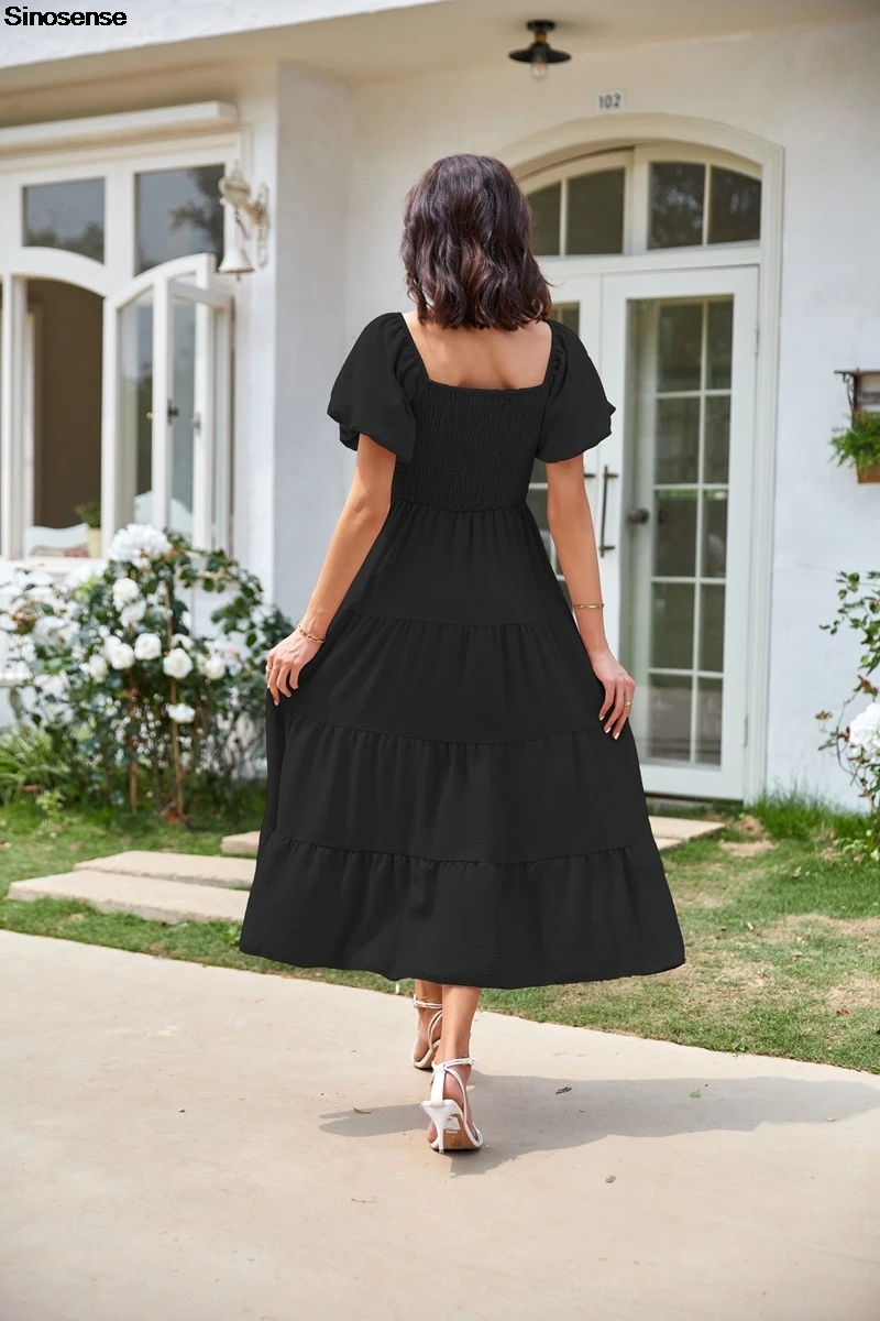 Women Summer Wedding Guest Coctail Party Dress Casual Flowy Beach Square Neck Puff Short Sleeve Smocked Tiered Boho Maxi Dress