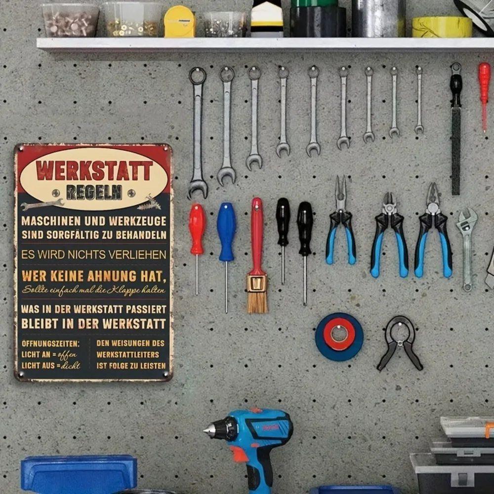 German Werkstatt Regeln Vintage Metal Workshop Sign Waterproof Distressed Red Black Iron Wall Art 30.48x20.32cm Decor Gift For G view 4