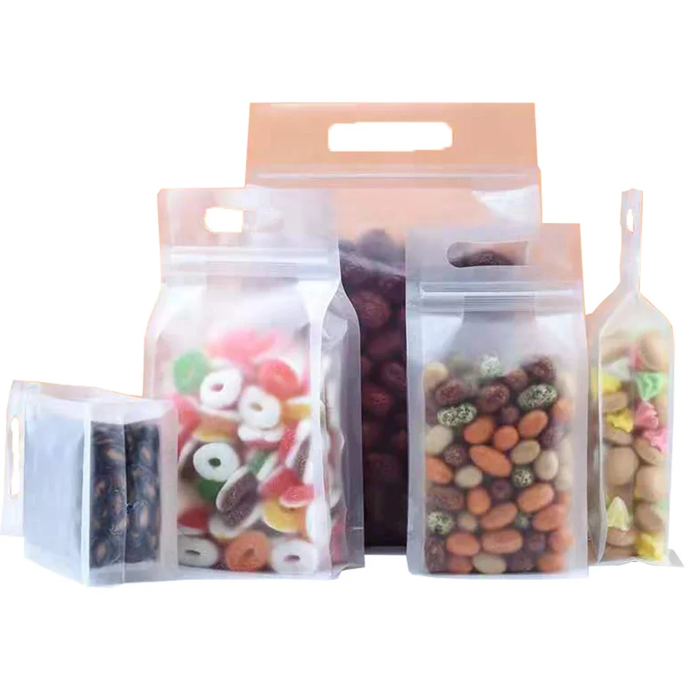 50Pcs Zip Lock Matte Clear Plastic Stand Up Bag with Handle Resealable Reclosable Tear Notch Doypack Food Candy Chocolate Pack