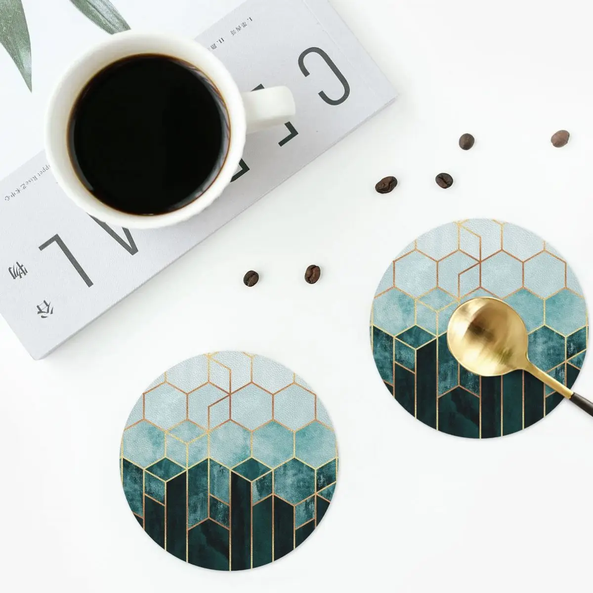 Teal Hexagons Coasters PVC Leather Placemats Waterproof Insulation Coffee Mat for Decor Home Kitchen Dining Pads Set of 4