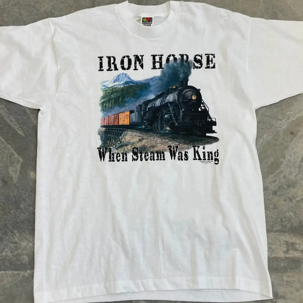 Vintage 90S Iron Horse Rail Road Old Fashion Train Track Steamer Country Mountains White T Shirt Extra Large Mens M3