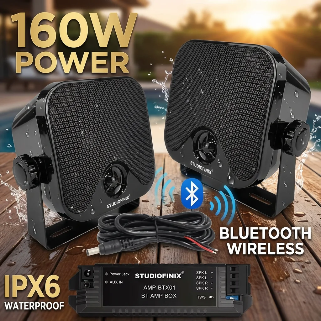 STUDIOFINIX 4'' Haut-parleurs Bluetooth marins étanches 160W à montage en surface pour bateau, voiturette de golf, VTT, UTV, camping-car et jet ski 2 pièces