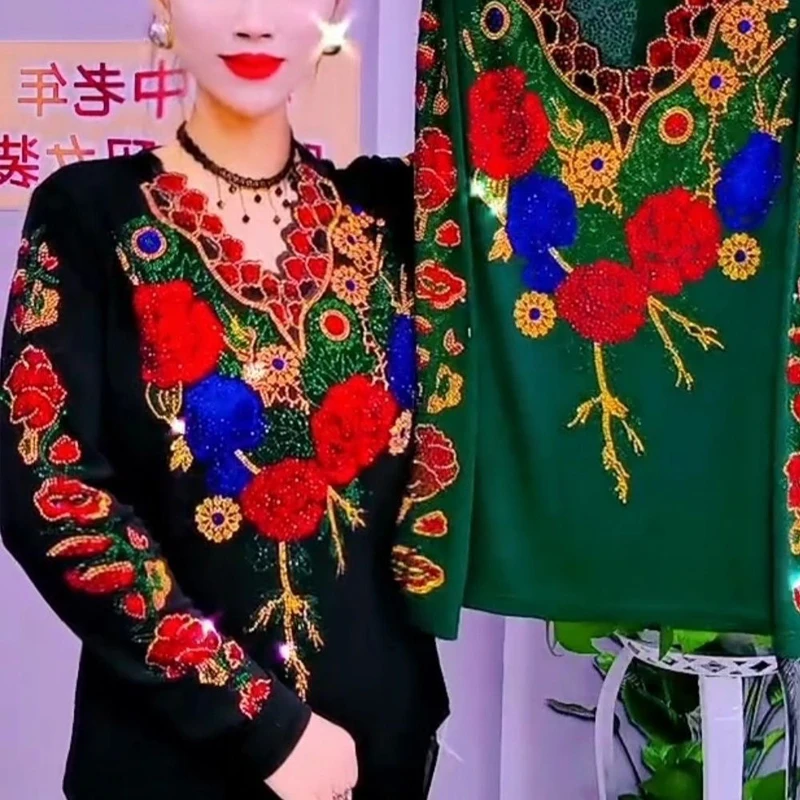 

Beading T Shirt Women Pullovers 2025 Spring Autumn Clothes For Women Long Sleeve Tees Top Black Women's T-shirt
