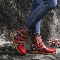 Women Ankle Boots  Autumn New Retro Ethnic Style Printed Metal Buckle Soft Leather Zipper Short Boots Shoes Botines Mujer