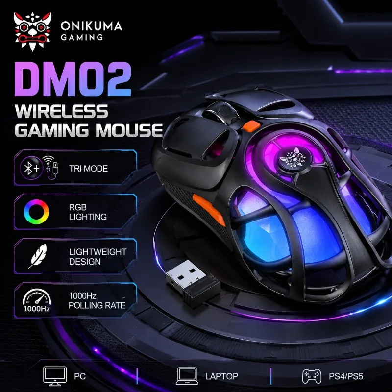 ONIKUMA DM02 Wireless Gaming Mouse Bluetooth 2.4G Wired RGB Lightweight 1000Hz Polling Type C Rechargeable for PC Laptop Gamer