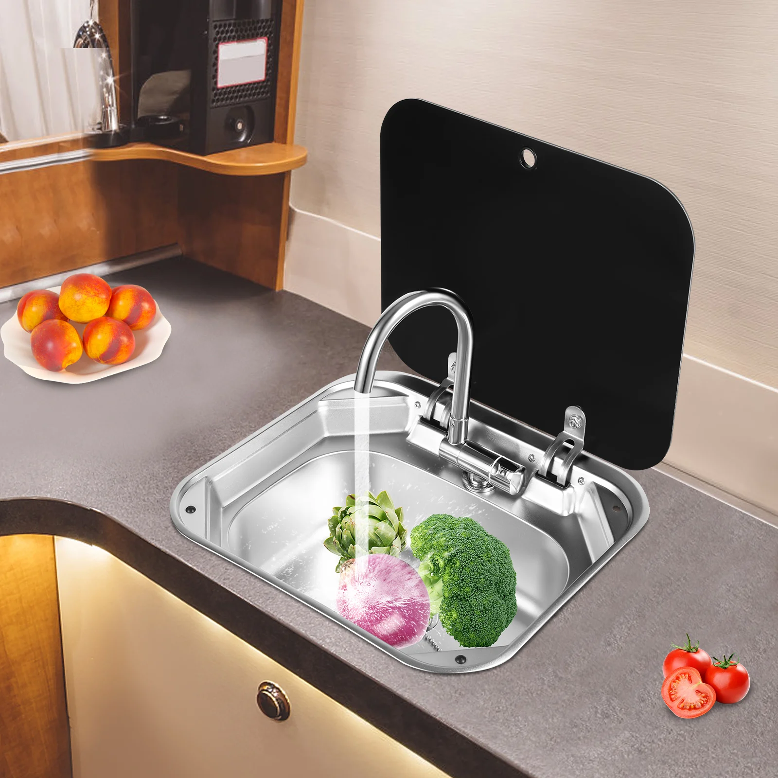 

Folding RV Sink & Faucet Combo W/Lid, Bar Kitchen Sink Embedded Sinks 304 Stainless Steel Single Bowl Hand Wash Basin