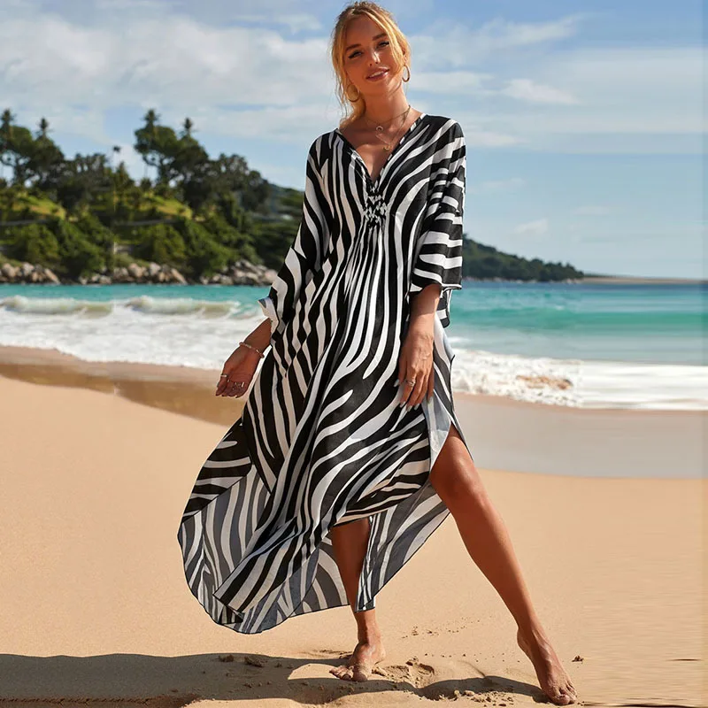 

New Cover-up Over Size Print Bohemian Maxi Dress Summer Swimsuit Cover Up 2024 Robe De Plage Pareos Long Dress BeachwearTunic