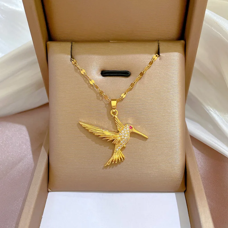 DIEYURO 316L Stainless Steel Hummingbird Bird Pendant Necklace For Women Fashion Girls Clavicle Chain Birthday Jewelry Gifts