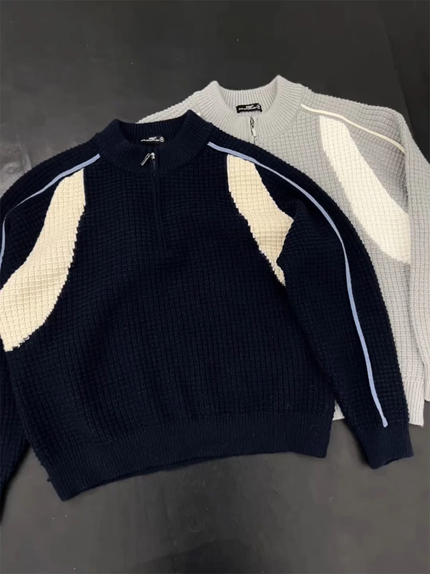 

Модный американский вязаный свитер с пэчворком и молнией, мужской зимний модный топ с эффектом многослойности, цветной блок, высококачественная внутренняя одежда