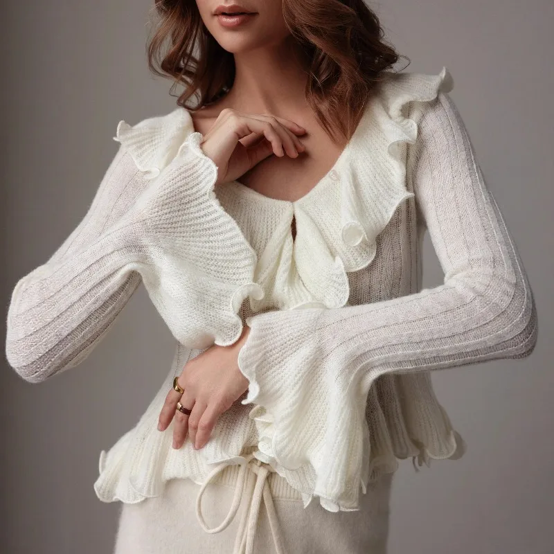 

Tuularose Fashion Ruffle Cardigan Women New Ruffle Lace-up Patchwork Slim Sweaters Spring V-Neck Commuter Casual Female Jumpers